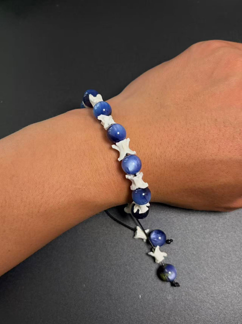Real Snake Bone Bracelet – Deep Blue Cat's Eye Stone Beads & Vertebrae Spacers | Chatoyant Dark Elegant Style