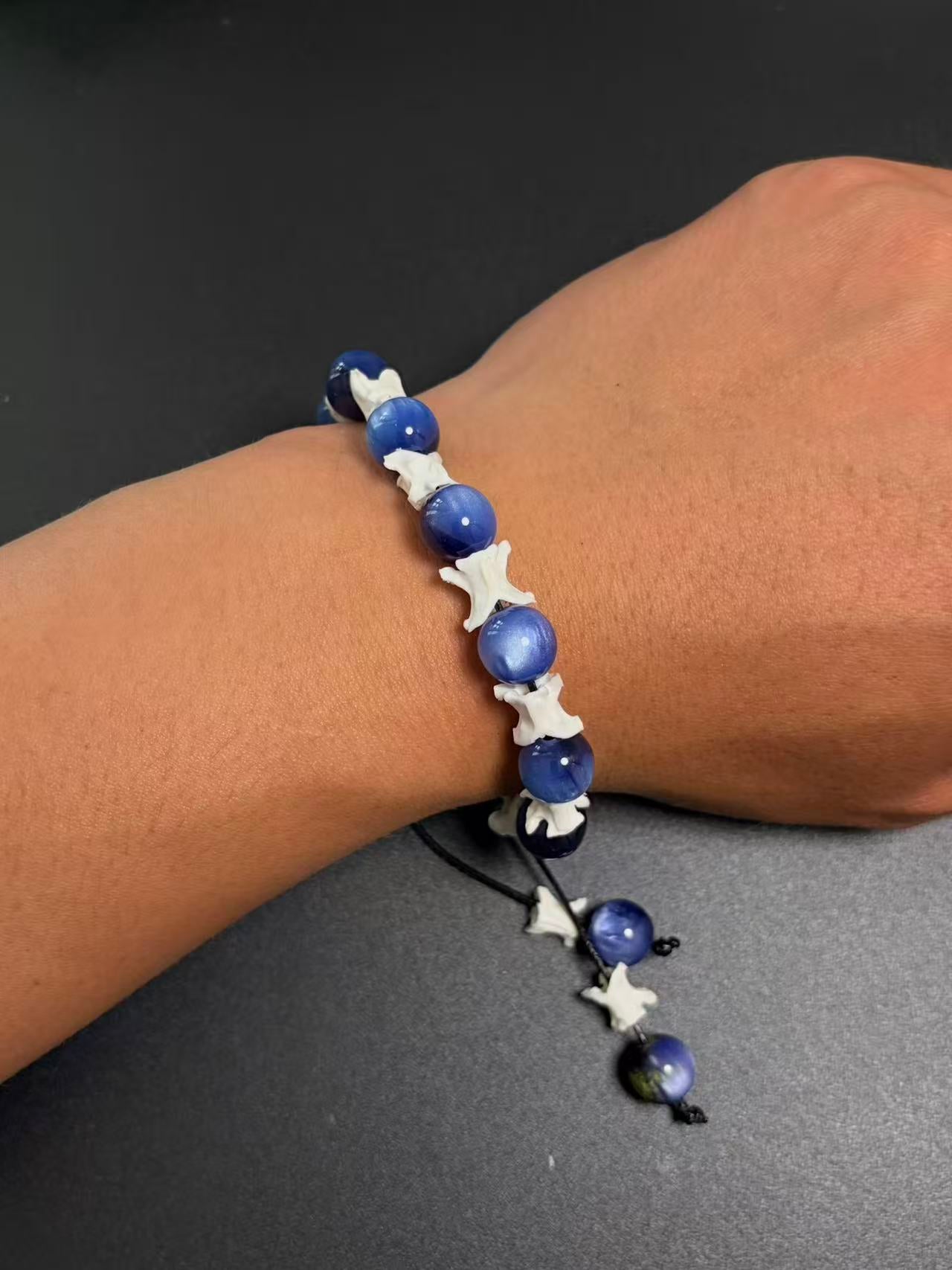 Real Snake Bone Bracelet – Deep Blue Cat's Eye Stone Beads & Vertebrae Spacers | Chatoyant Dark Elegant Style