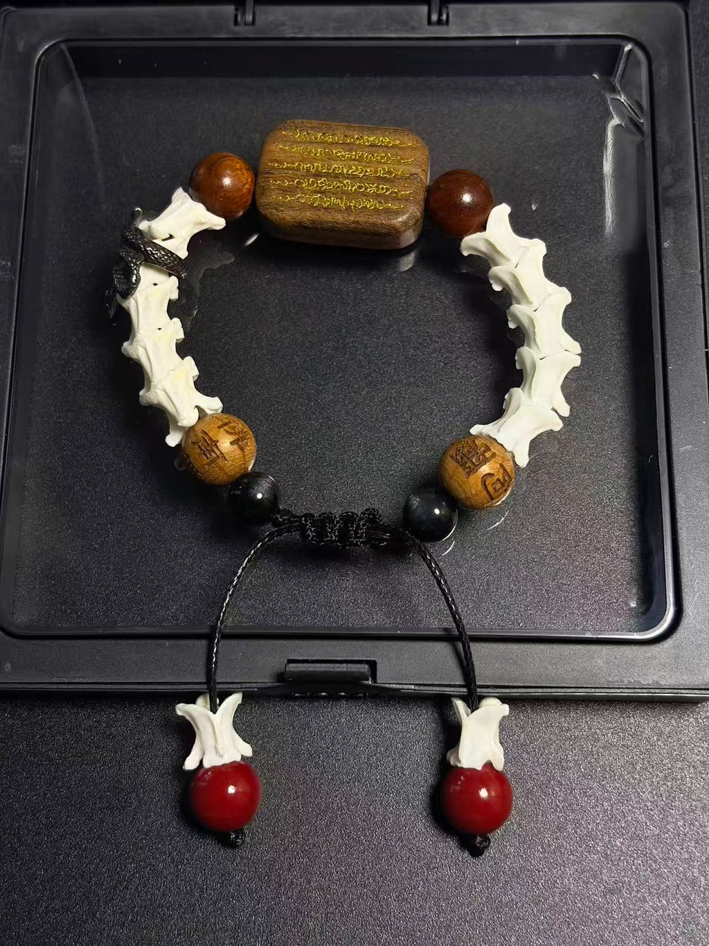 Real Snake Bone Bracelet – Wu Shi Pai Peace Amulet, Agarwood Bead & Real Cinnabar Beads | Chinese Talisman Jewelry