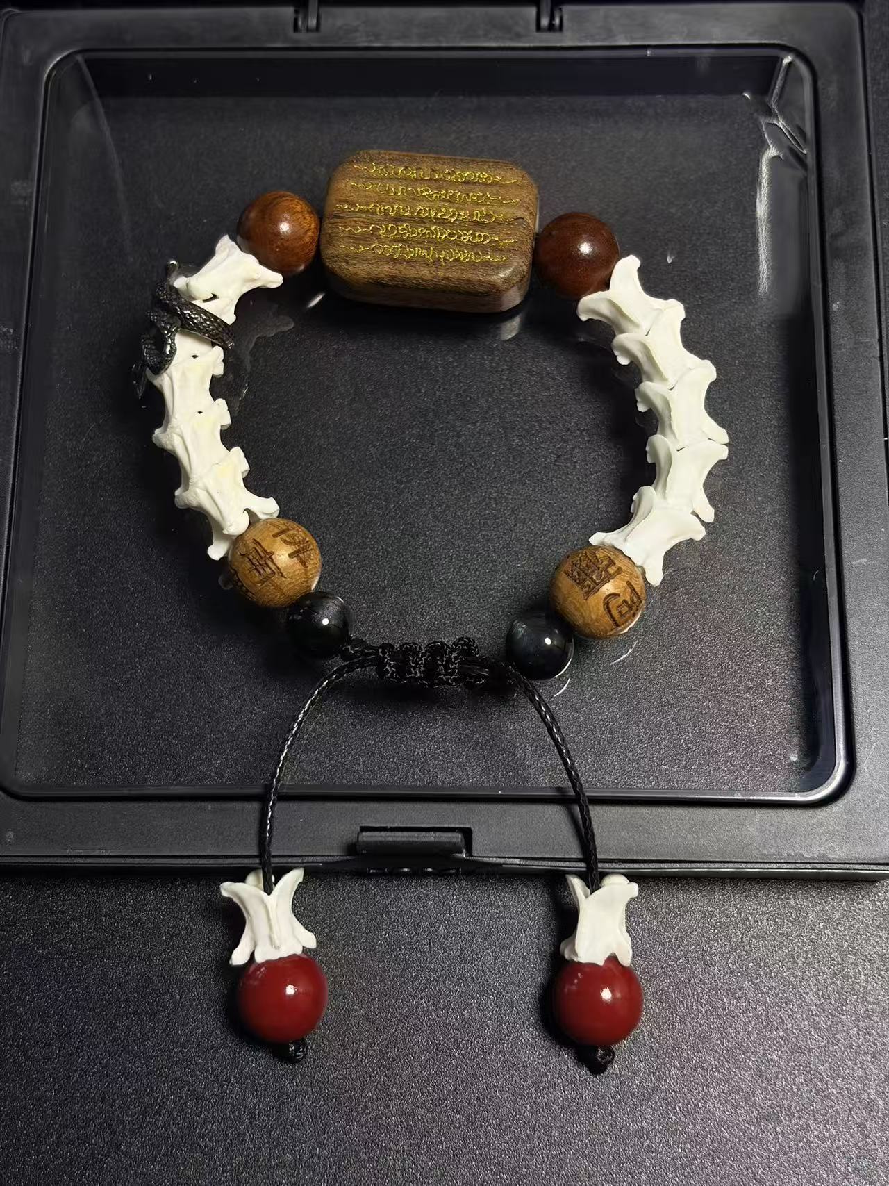 Real Snake Bone Bracelet – Wu Shi Pai Peace Amulet, Agarwood Bead & Real Cinnabar Beads | Chinese Talisman Jewelry