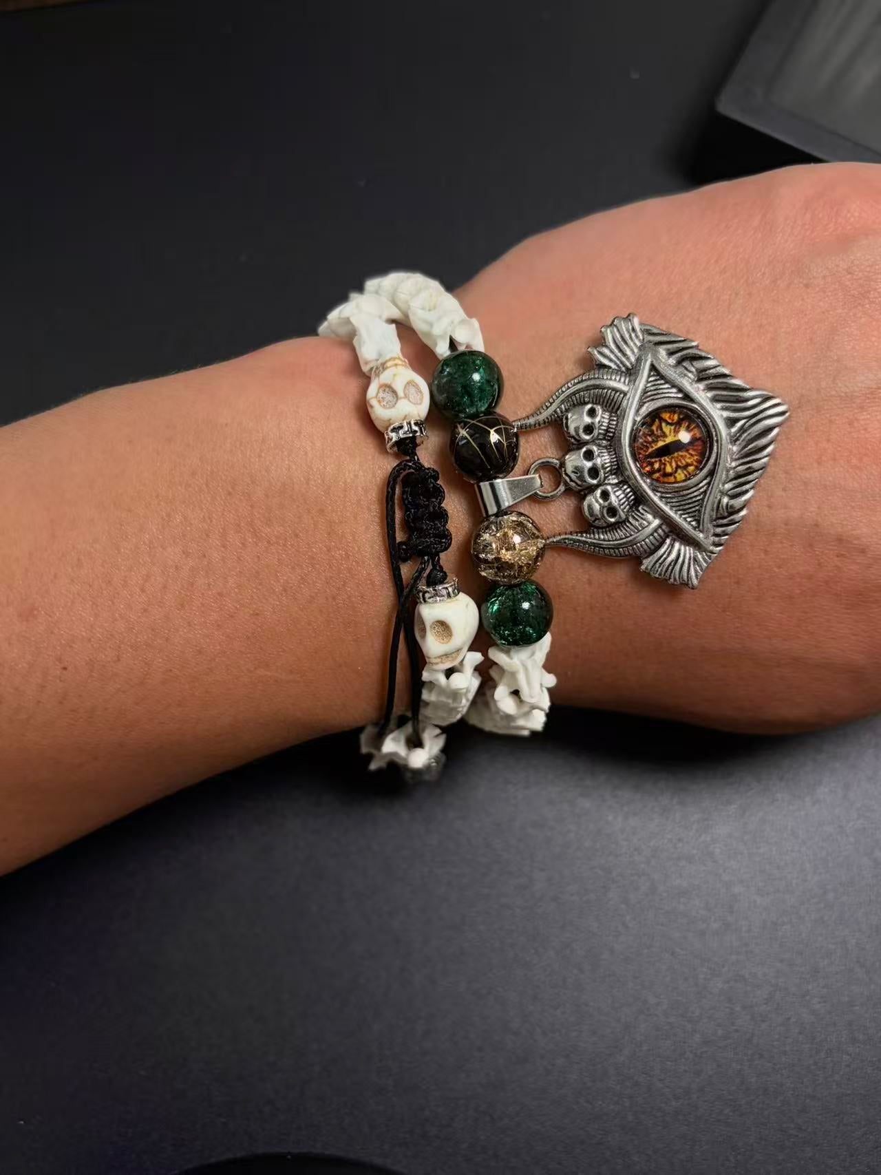 Real Snake Bone Bracelet – Dragon Eye Glass Pendant, Triple Skull Crown, Moss Agate & Gold Glass Beads | Dark Fantasy Gothic
