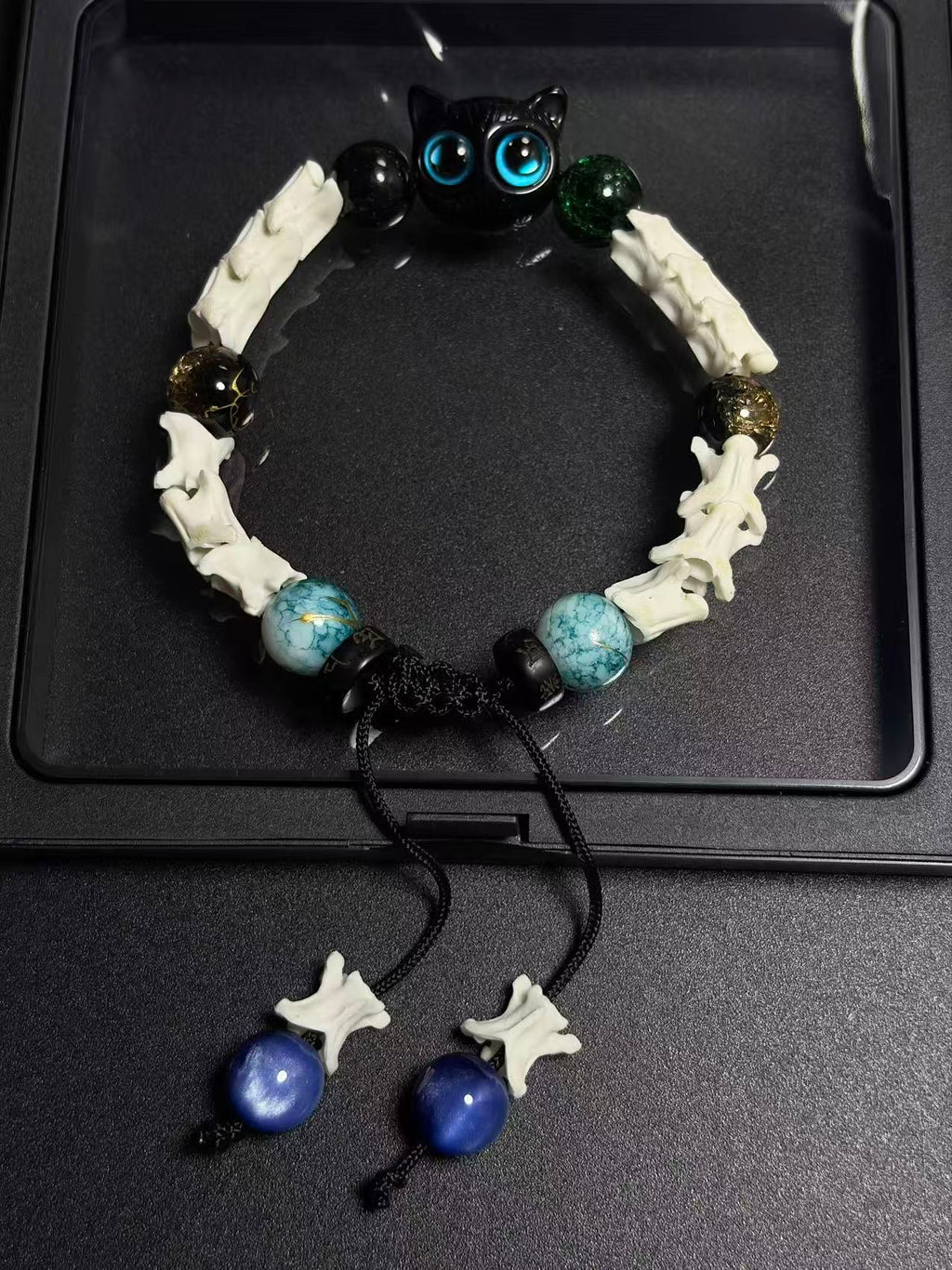 Real Snake Bone Bracelet – Black Owl Glass Charm, Turquoise Agate & Blue Cat's Eye | Dark Fantasy Style