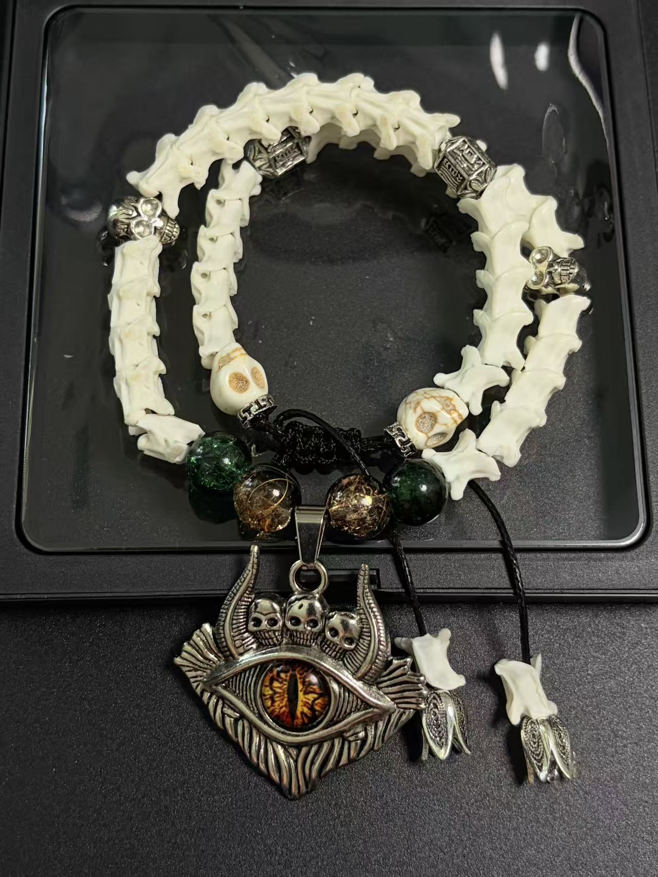 Real Snake Bone Bracelet – Dragon Eye Glass Pendant, Triple Skull Crown, Moss Agate & Gold Glass Beads | Dark Fantasy Gothic