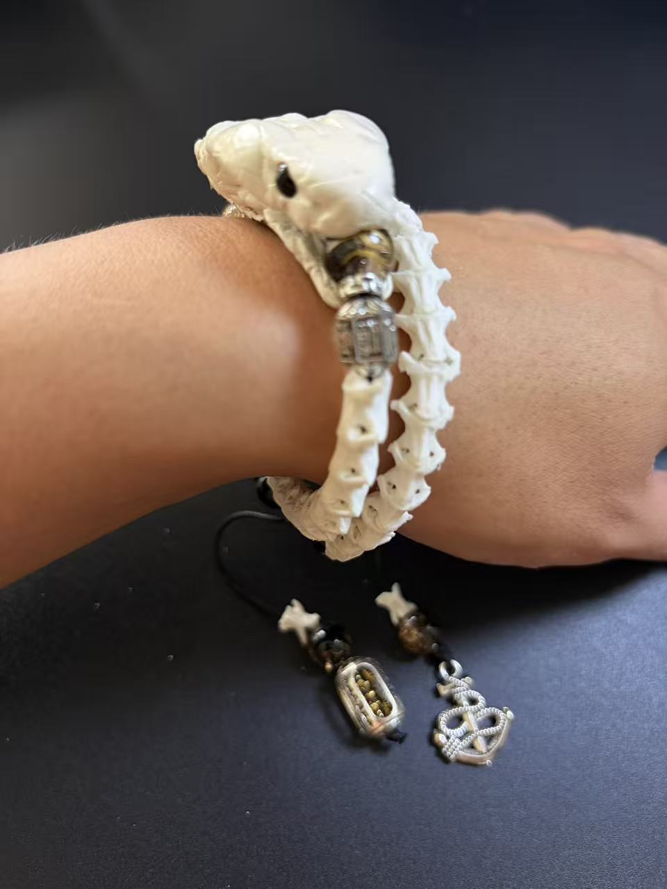 Real Snake Bone Bracelet | Smoky Quartz & Dual Tibetan Charm | Dark Talisman Jewelry