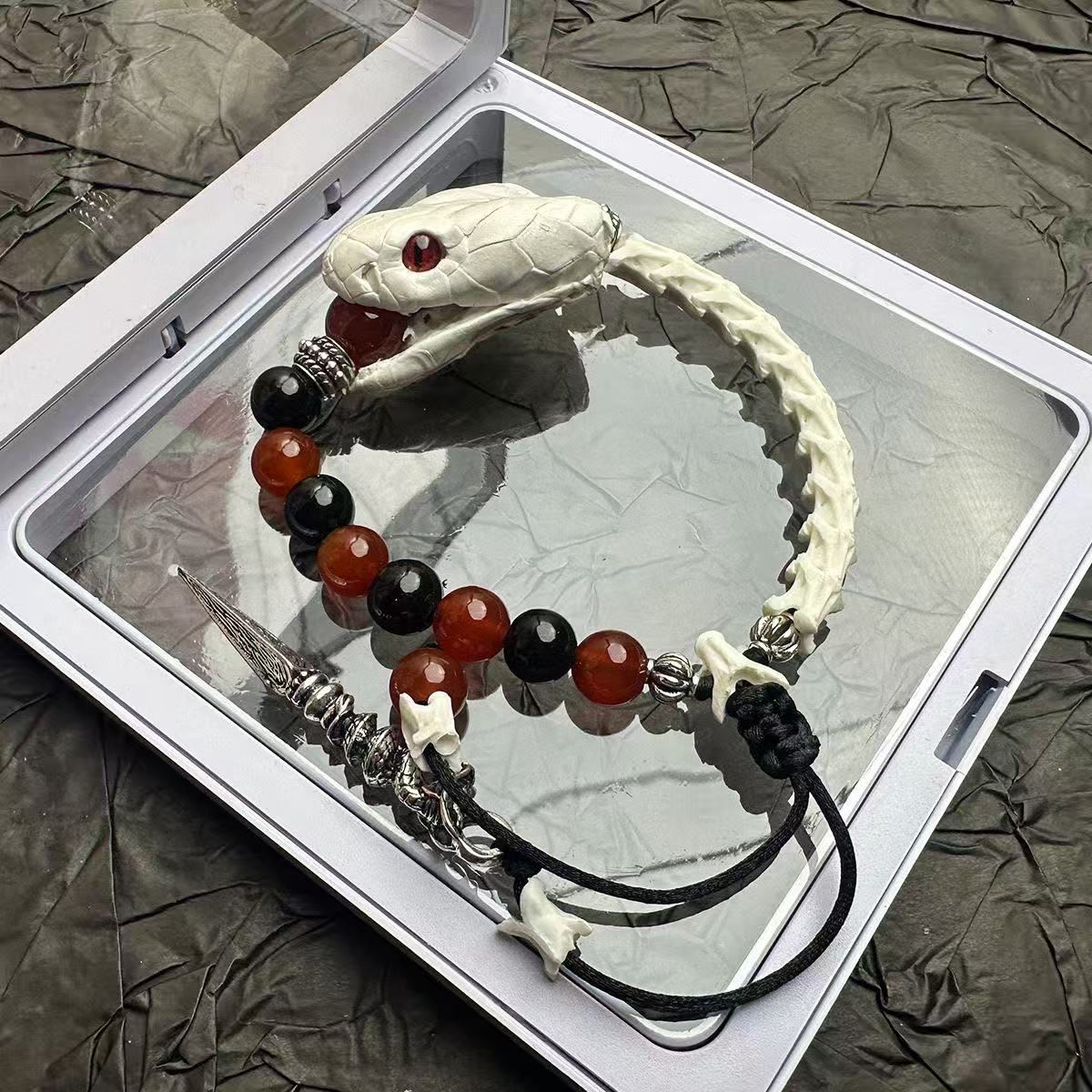 Real Snake Bone Bracelet — Natural Gemstone Beads | Gothic Handcrafted Jewelry