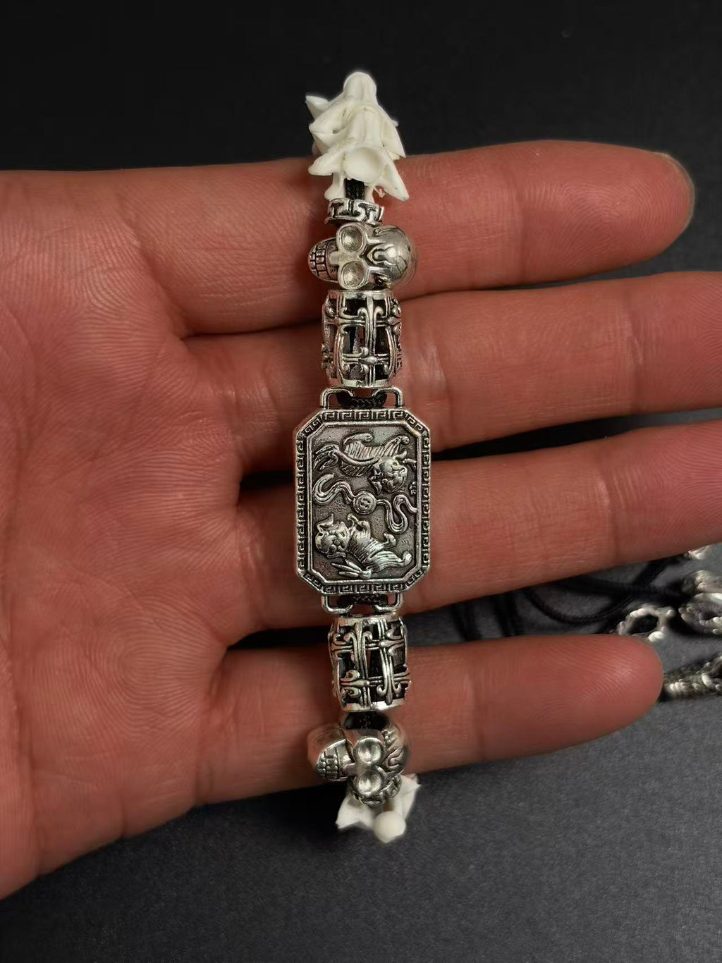 Real Snake Bone Bracelet – Pixiu Guardian Beast Silver Plaque, Crystal Skull & Triple Lotus Tassel | Chinese Talisman Dark Luxury