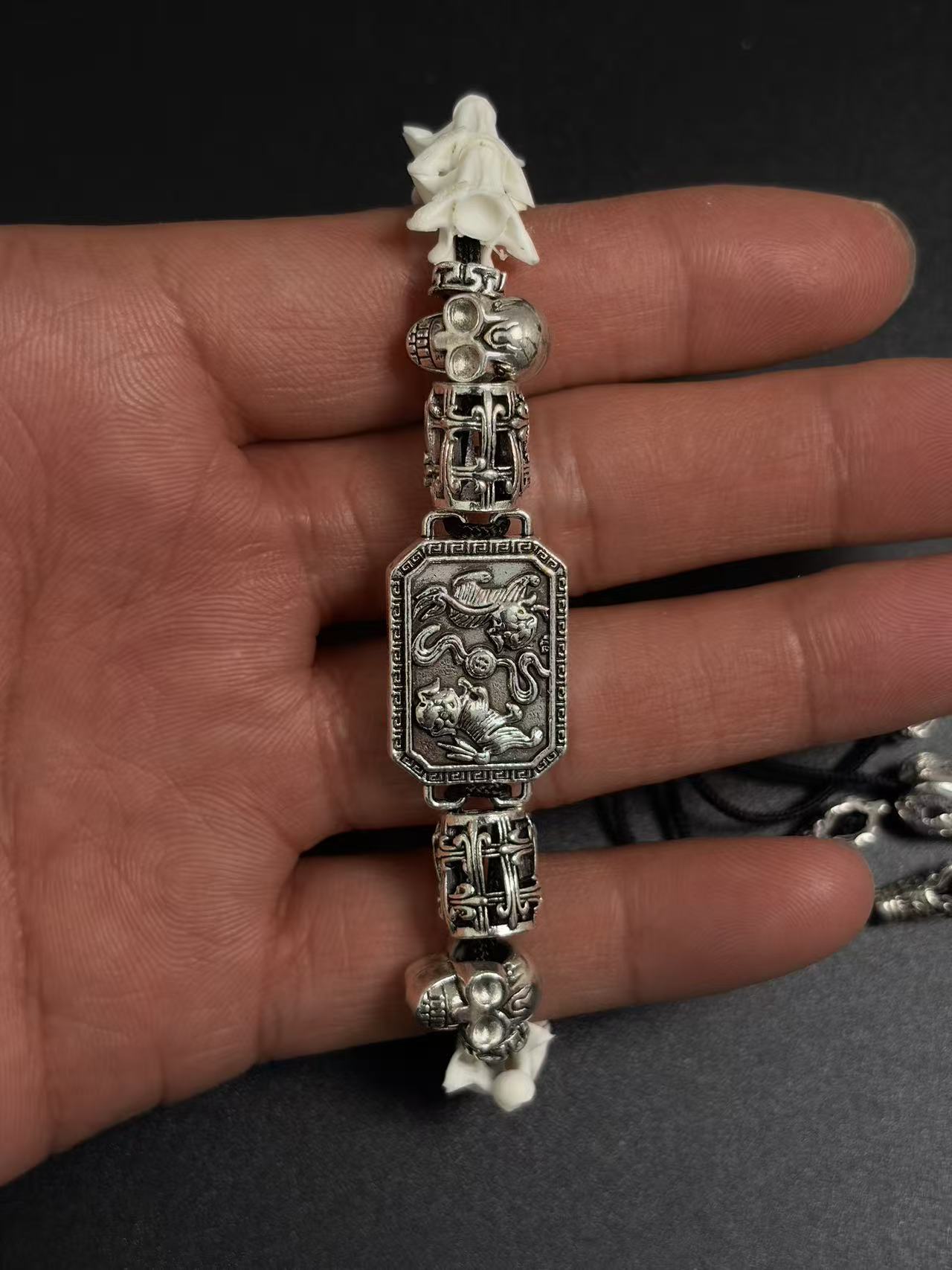 Real Snake Bone Bracelet – Pixiu Guardian Beast Silver Plaque, Crystal Skull & Triple Lotus Tassel | Chinese Talisman Dark Luxury