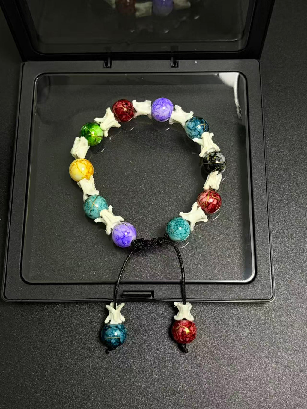 Real Snake Bone Bracelet – Seven Color Crackle Glass Beads & Vertebrae Spacers | Chakra Rainbow Dark Style