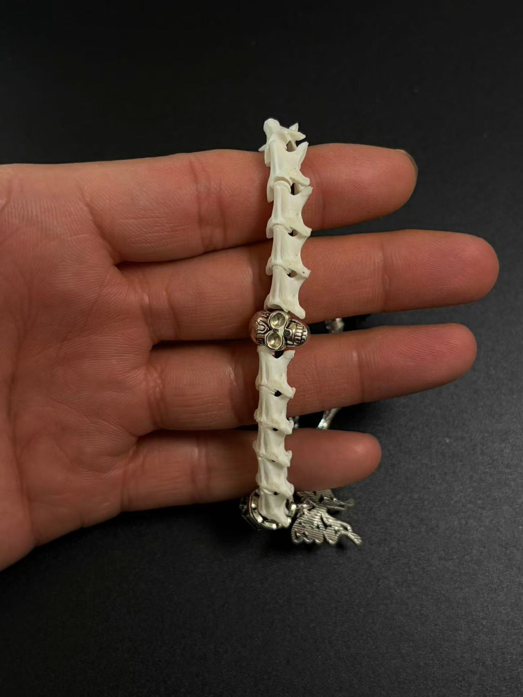 Real Snake Bone Bracelet – Crystal Skull, Silver Butterfly Charm & Bamboo Bone Dual Chain | Gothic Dark Luxury