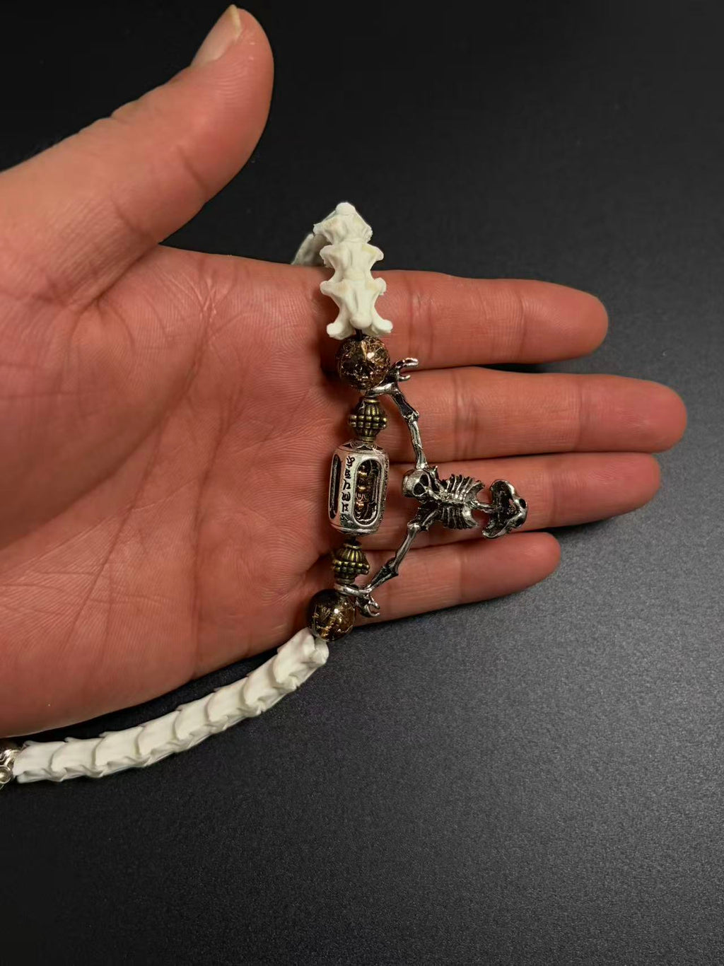 Real Snake Bone Bracelet – Full Skeleton Holding Sanskrit Prayer Cylinder, Blue Cat's Eye & Smoky Quartz | Dark Gothic Masterpiece