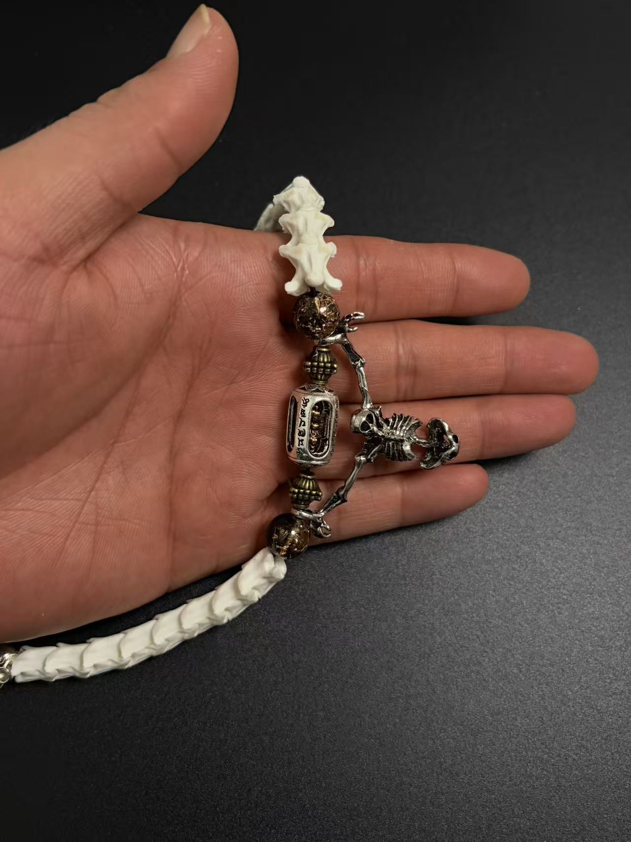 Real Snake Bone Bracelet – Full Skeleton Holding Sanskrit Prayer Cylinder, Blue Cat's Eye & Smoky Quartz | Dark Gothic Masterpiece