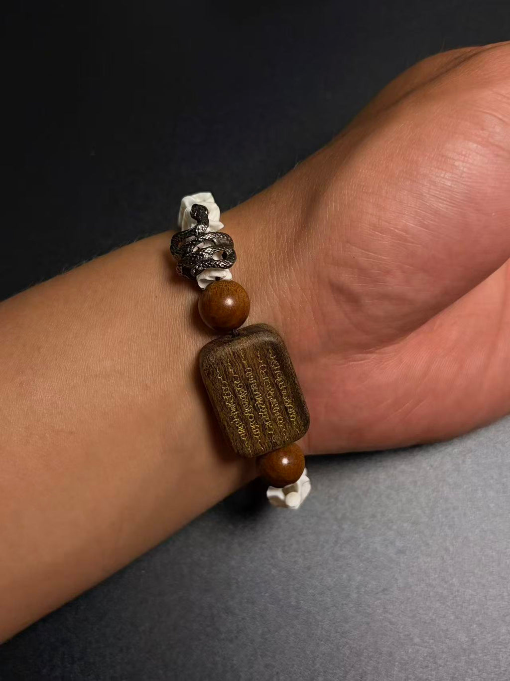 Real Snake Bone Bracelet – Wu Shi Pai Peace Amulet, Agarwood Bead & Real Cinnabar Beads | Chinese Talisman Jewelry