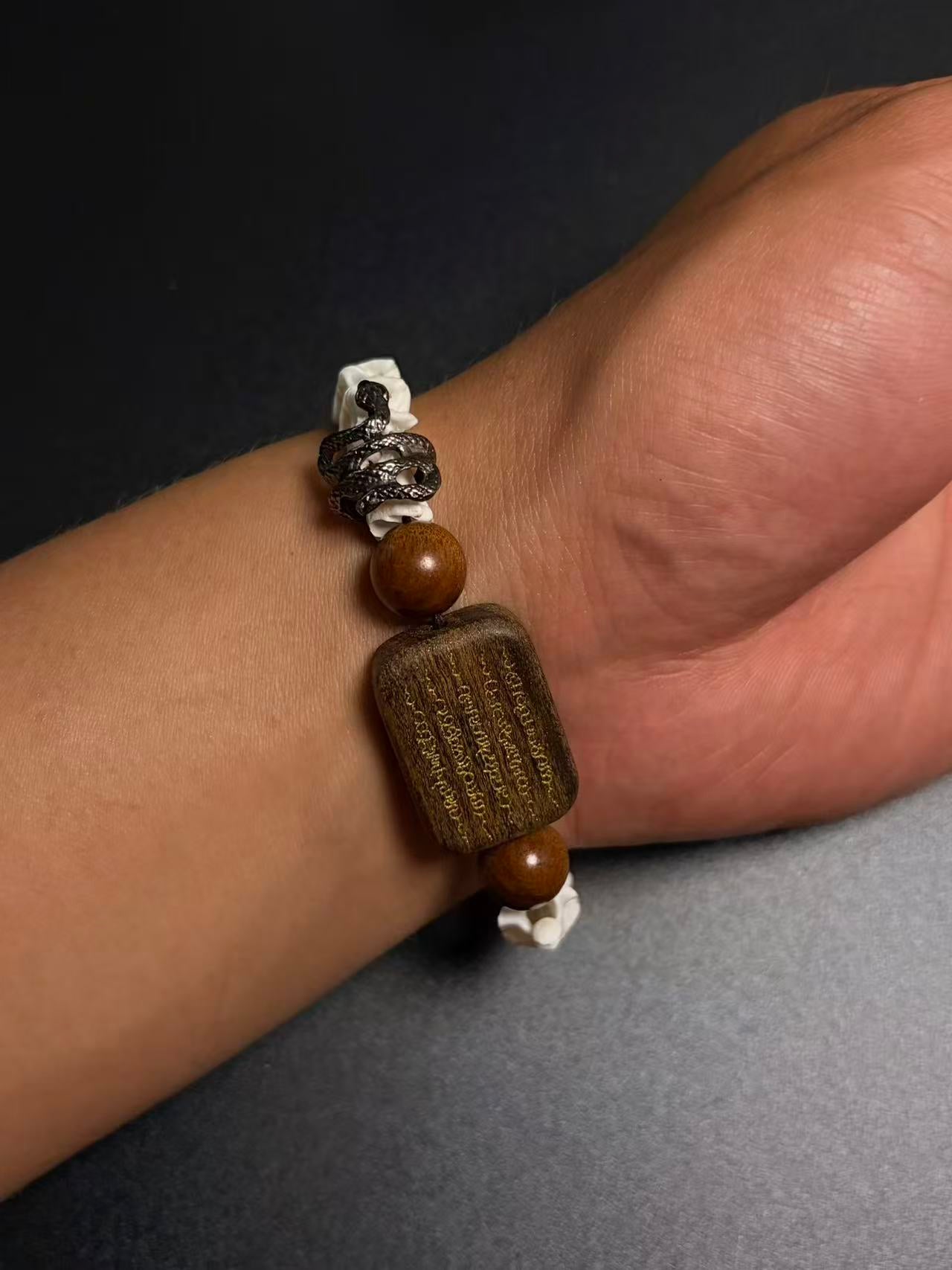 Real Snake Bone Bracelet – Wu Shi Pai Peace Amulet, Agarwood Bead & Real Cinnabar Beads | Chinese Talisman Jewelry