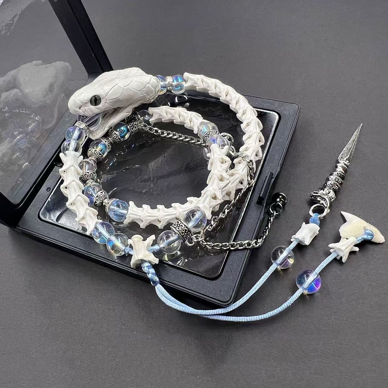 Real White Snake Bone Double-Wrap Bracelet — Aurora Crystal Beads, Silver Chain & Spear Charm | Fairy Grunge Jewelry