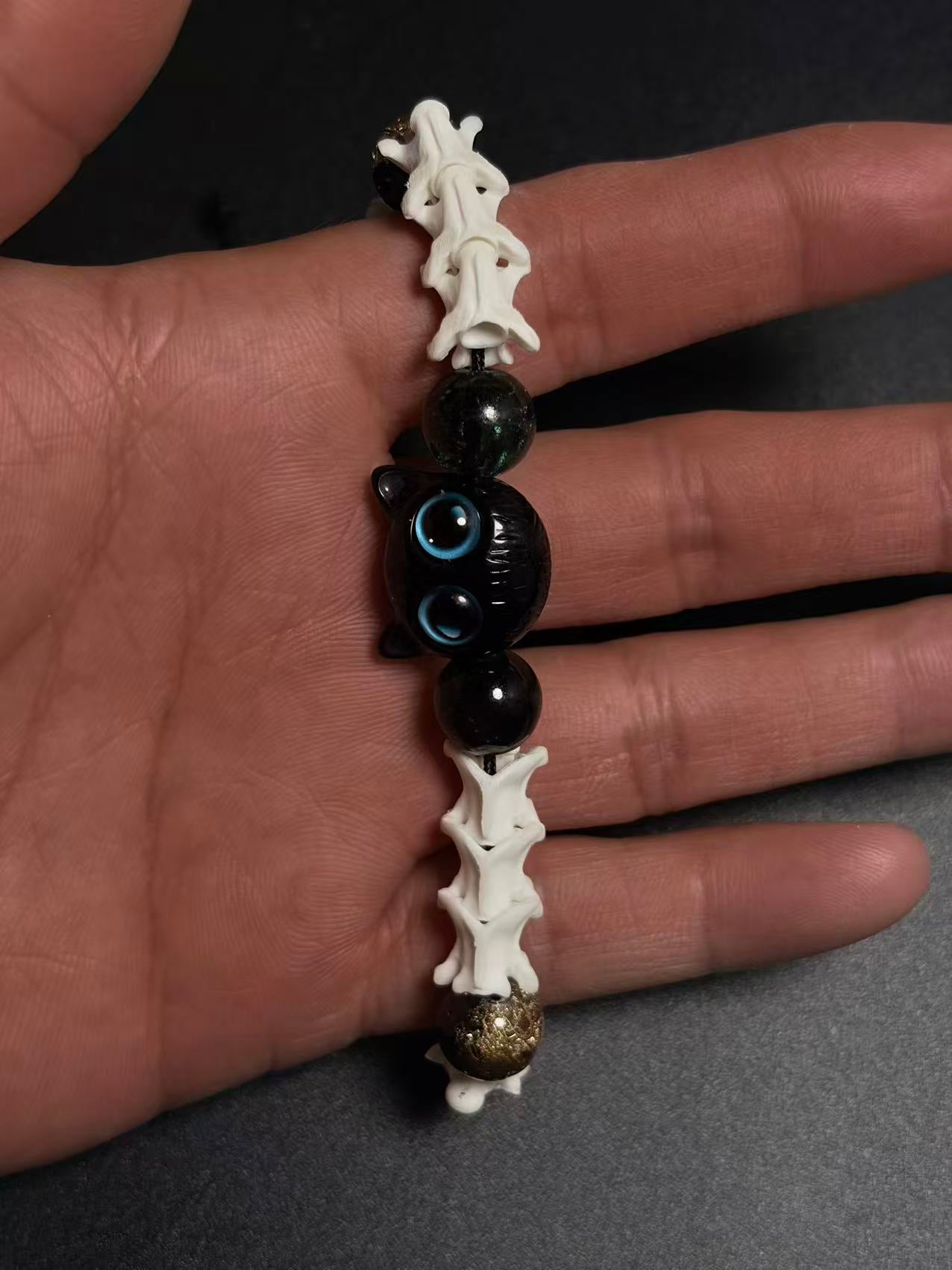 Real Snake Bone Bracelet – Black Owl Glass Charm, Turquoise Agate & Blue Cat's Eye | Dark Fantasy Style