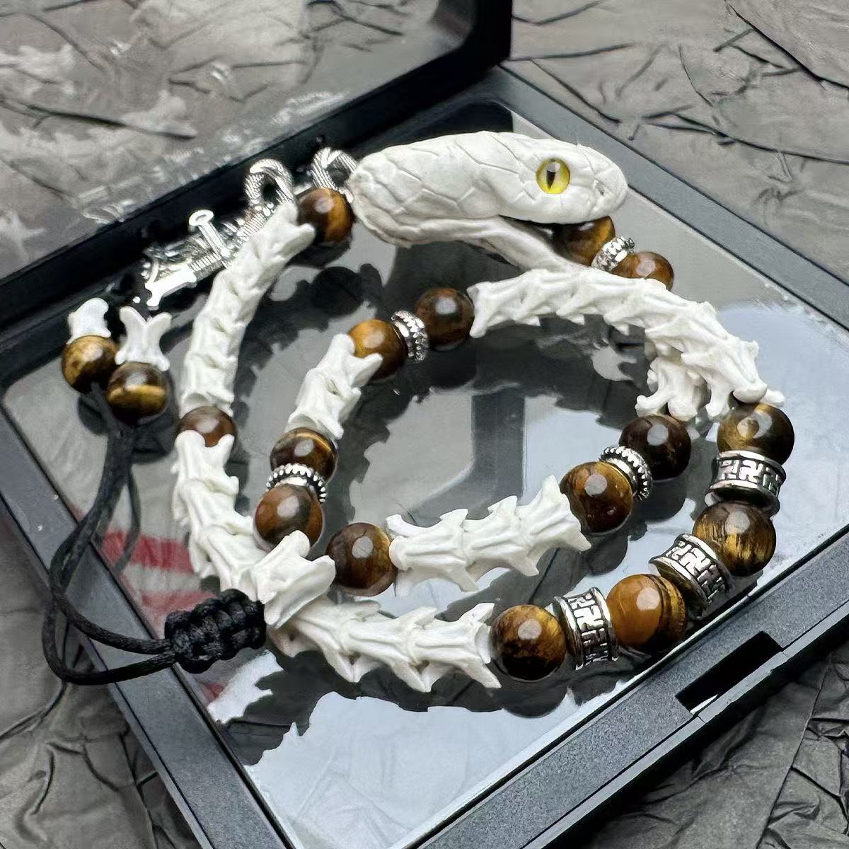 Real Snake Bone Bracelet — Tiger's Eye Beads & Sword Charm | Gothic Tibetan Jewelry