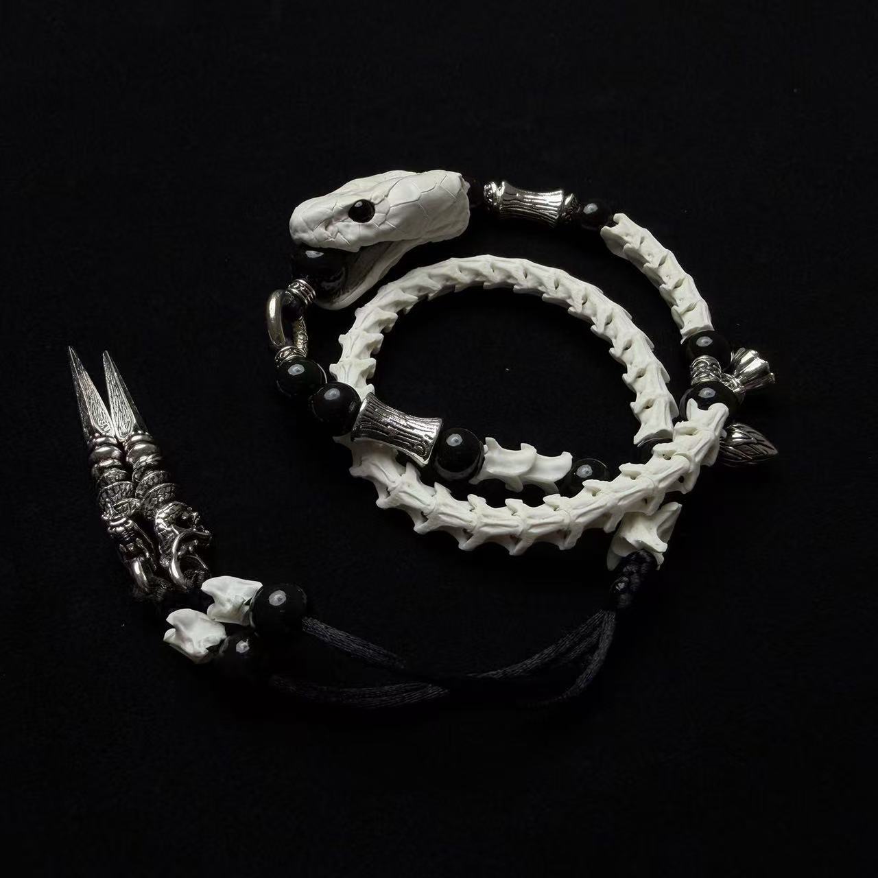 Real Snake Bone Bracelet — Snake Head Clasp & Black Obsidian | Choose Your Charm: Twin Swords or Dark Botanicals