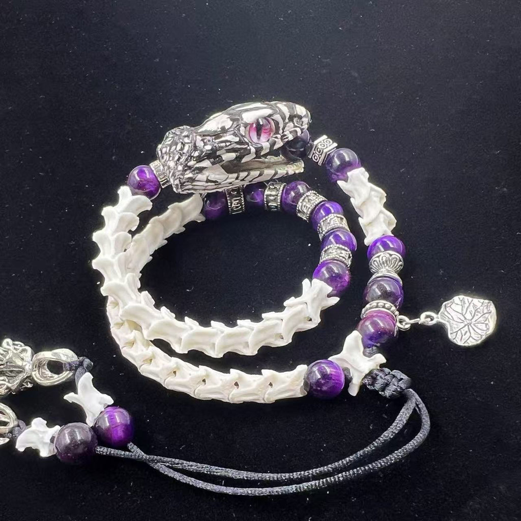 Real Snake Bone Coil Bracelet — Snake Head Clasp, Natural Gemstones & Tibetan Vajra Charm