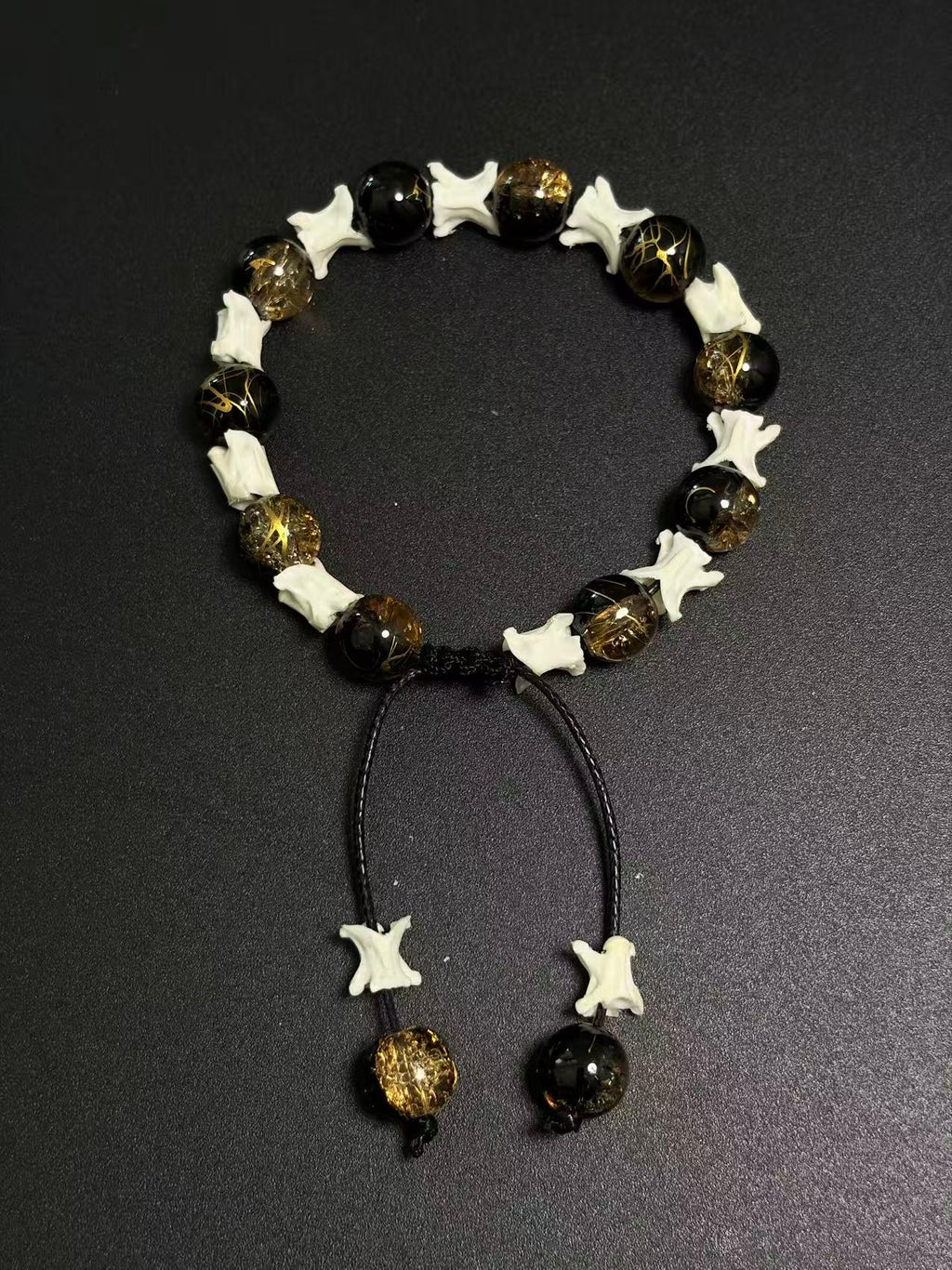 Real Snake Bone Bracelet – Black Onyx & Gold Lightning Lampwork Glass Beads, Vertebrae Spacers | Dark Luxury