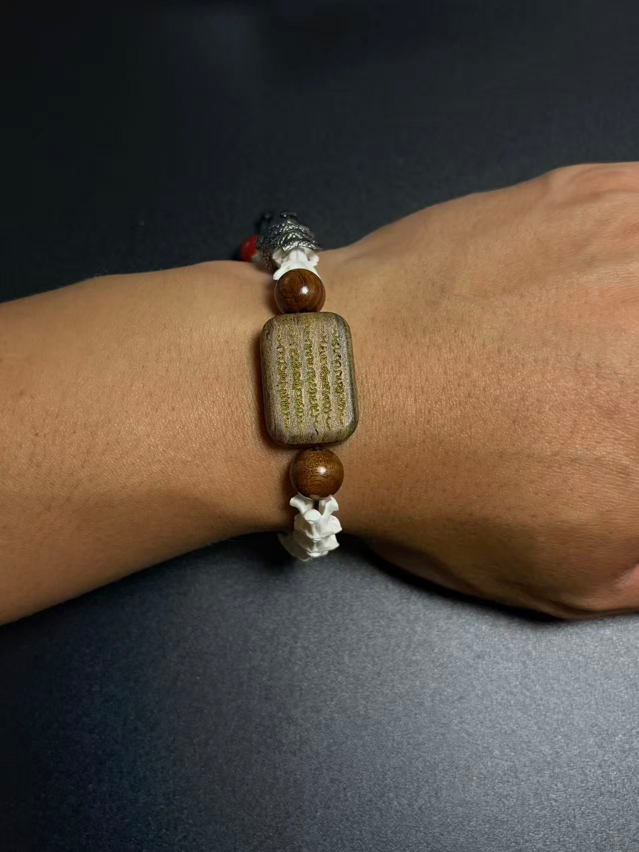 Real Snake Bone Bracelet – Wu Shi Pai Peace Amulet, Agarwood Bead & Real Cinnabar Beads | Chinese Talisman Jewelry