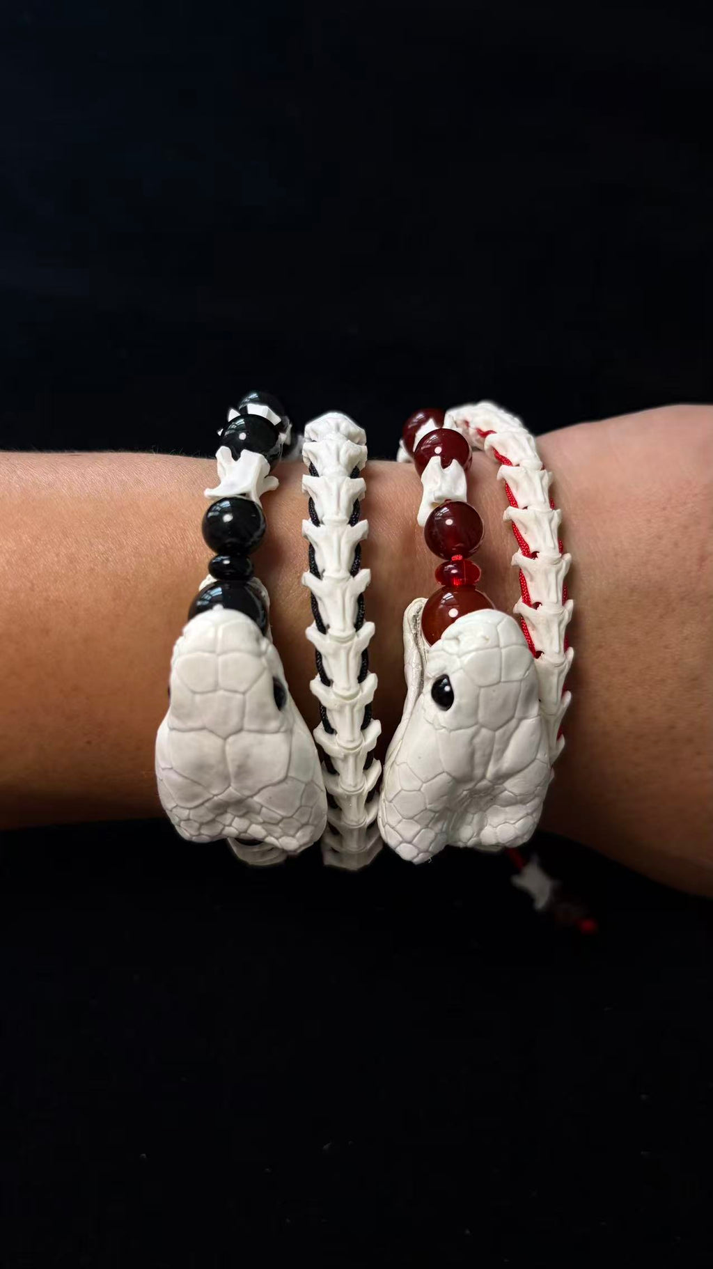 Real Snake Bone Woven Bracelet — Natural Gemstone Beads | Gothic Occult Jewelry