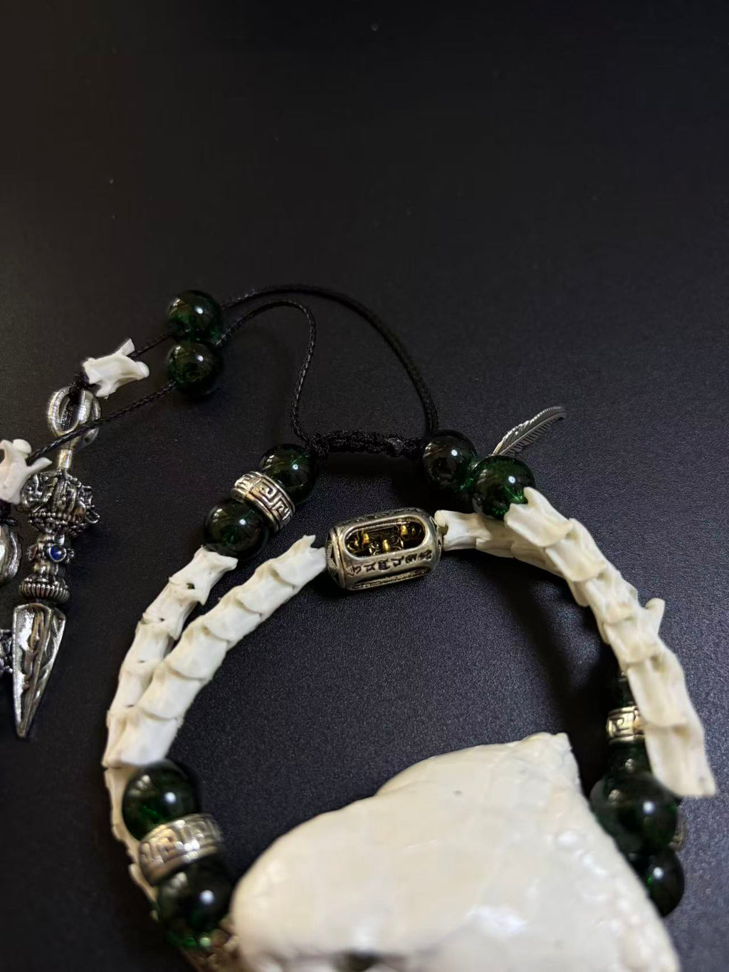Real Snake Bone Bracelet with Tibetan Phurba Dagger Charm | Dark Luxury Talisman