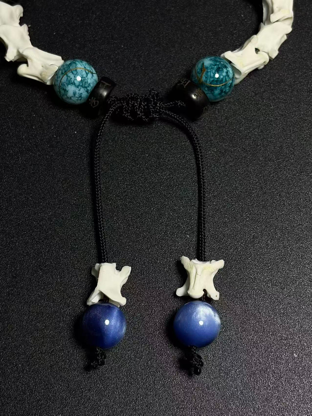 Real Snake Bone Bracelet – Black Owl Glass Charm, Turquoise Agate & Blue Cat's Eye | Dark Fantasy Style