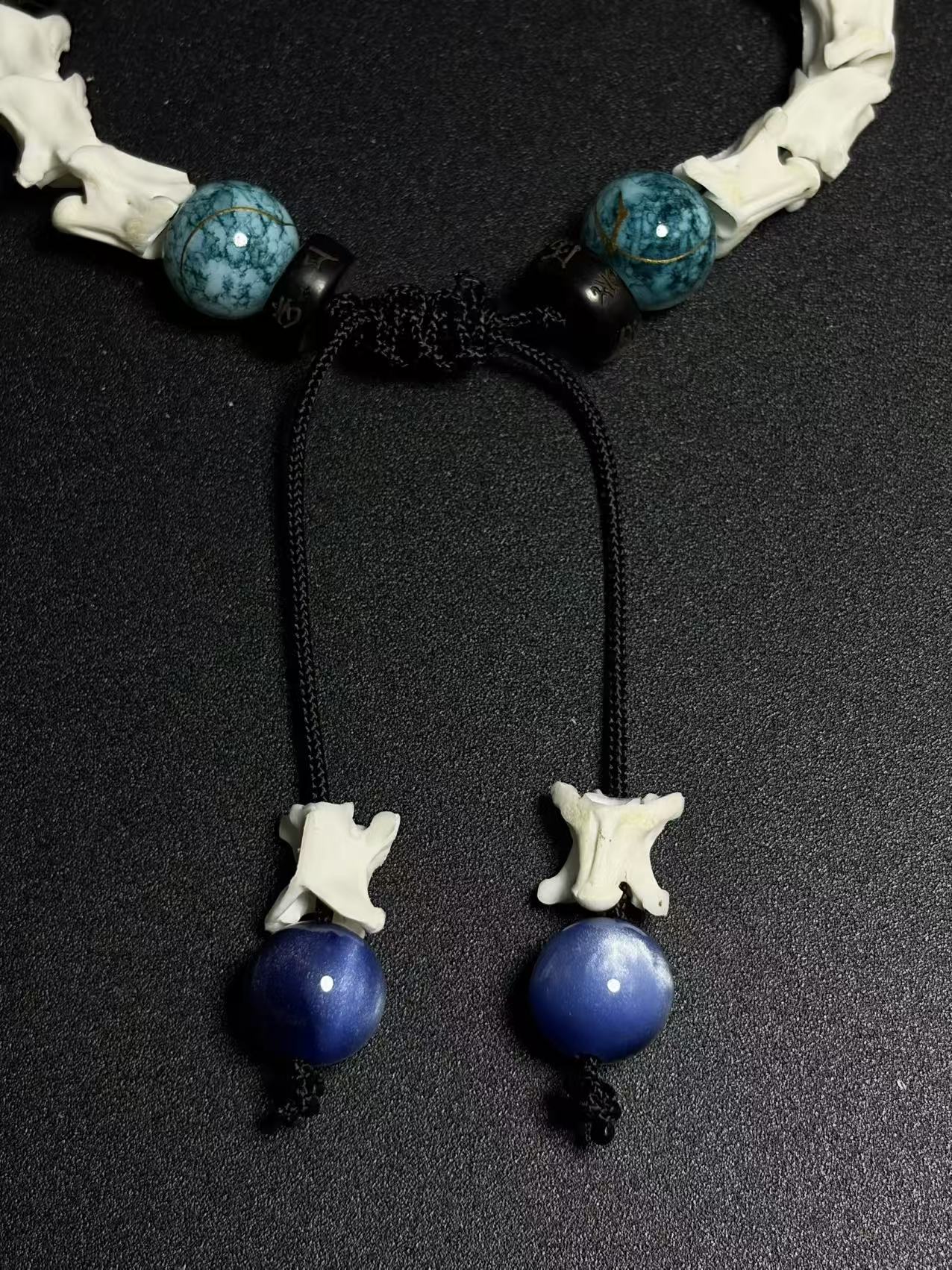 Real Snake Bone Bracelet – Black Owl Glass Charm, Turquoise Agate & Blue Cat's Eye | Dark Fantasy Style
