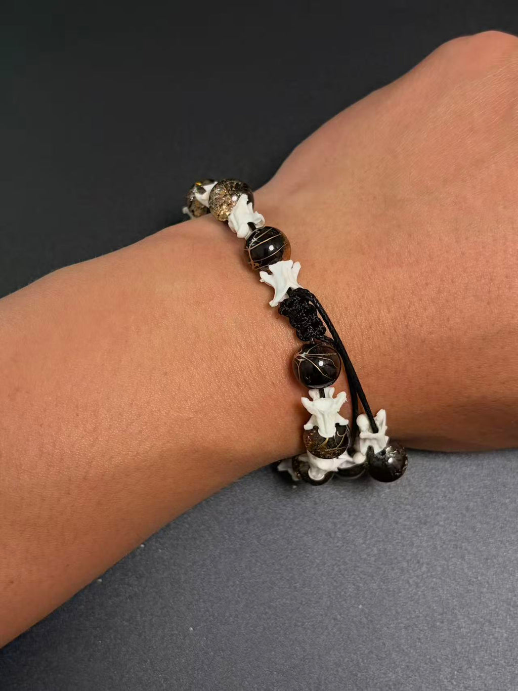 Real Snake Bone Bracelet – Black Onyx & Gold Lightning Lampwork Glass Beads, Vertebrae Spacers | Dark Luxury