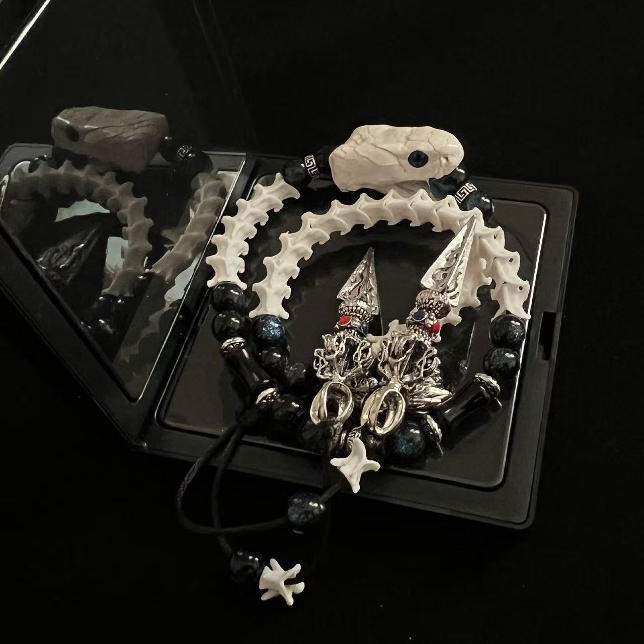 Real Snake Bone Double-Coil Bracelet — Blue-Eye White Serpent, Black Obsidian & Twin Tibetan Kila Charms | Dark Celestial