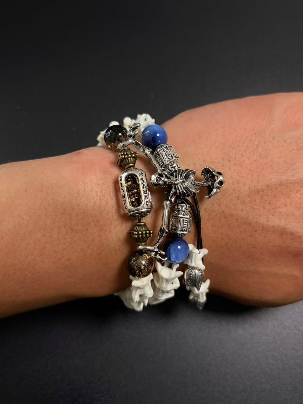 Real Snake Bone Bracelet – Full Skeleton Holding Sanskrit Prayer Cylinder, Blue Cat's Eye & Smoky Quartz | Dark Gothic Masterpiece
