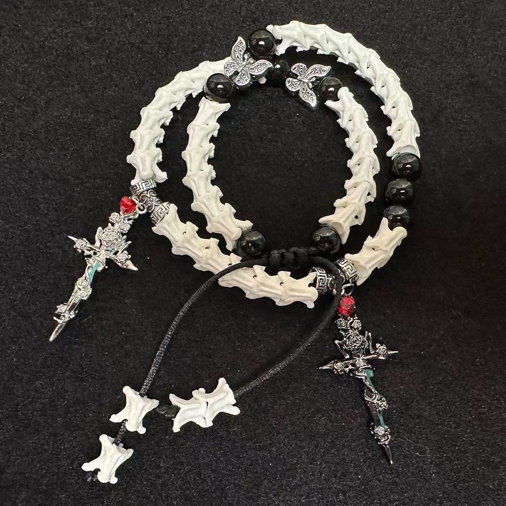 Real Snake Bone Bracelet — Black Obsidian, Butterfly Spacers & Rose Sword Charm | Dark Romance Gothic Jewelry