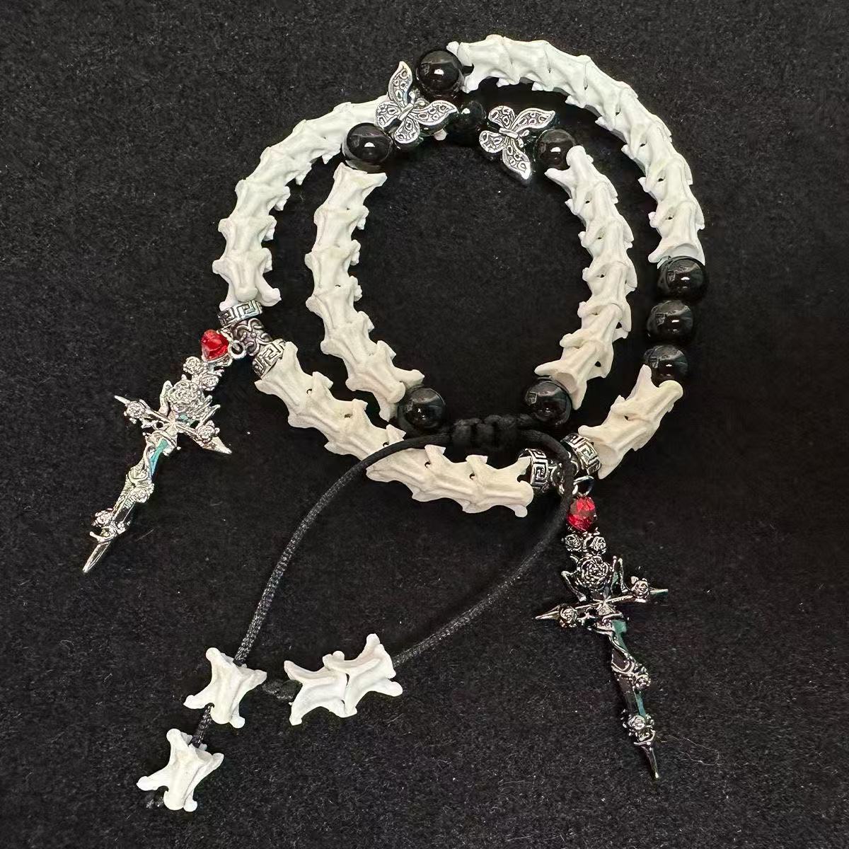 Real Snake Bone Bracelet — Black Obsidian, Butterfly Spacers & Rose Sword Charm | Dark Romance Gothic Jewelry