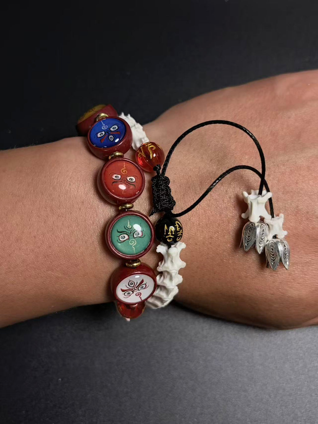 Real Snake Bone Bracelet – Five Wealth Gods Thangka Hand-Painted Disc Beads, Five Colors & Silver Butterfly Charm | Tibetan Fortune Jewelry
