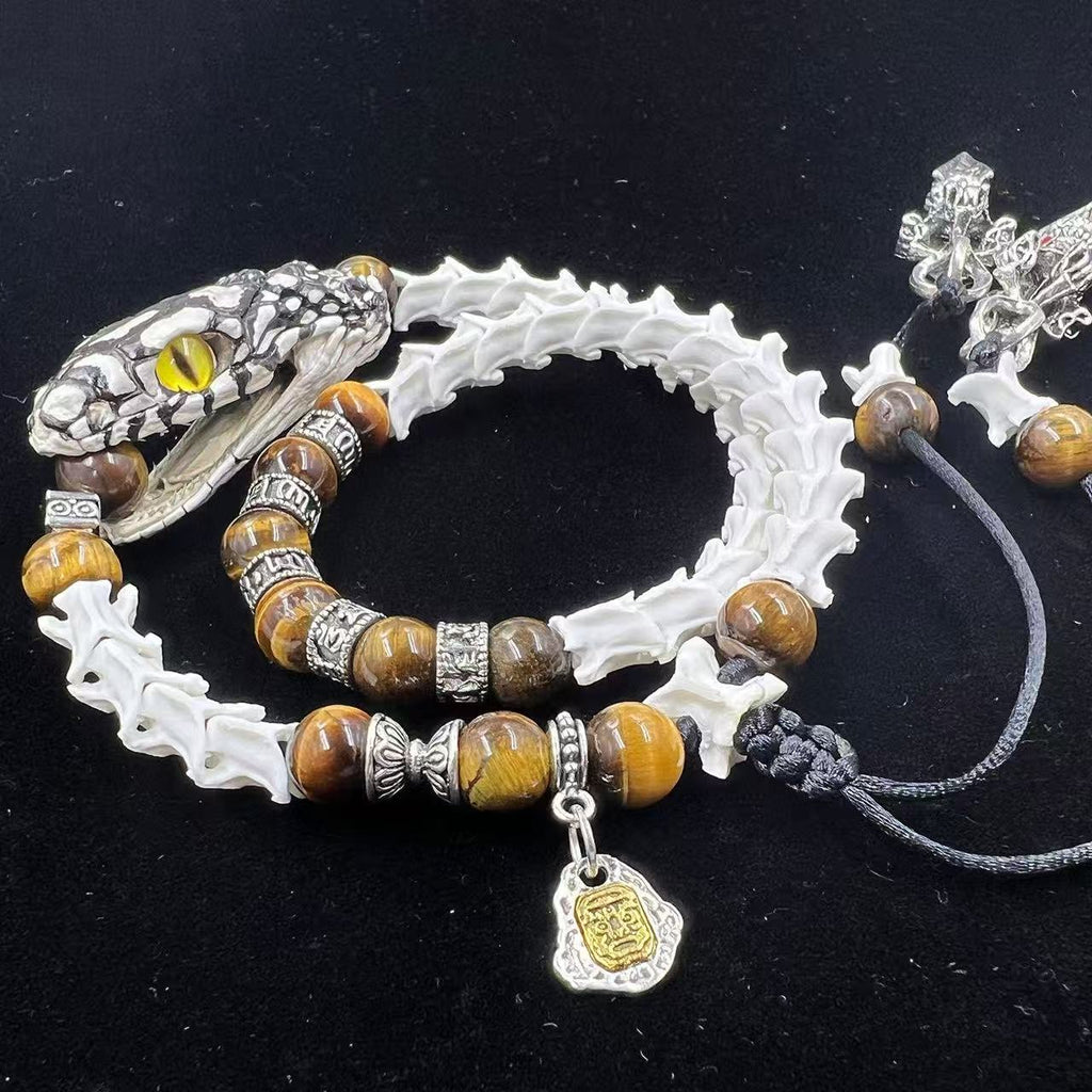 Real Snake Bone Coil Bracelet — Snake Head Clasp, Natural Gemstones & Tibetan Vajra Charm