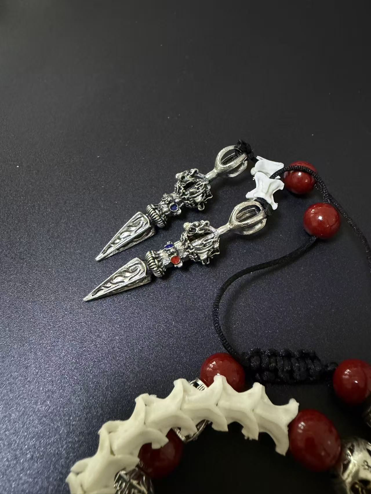 Real Snake Skull & Spine Bracelet – Red Agate, Tibetan Dorje Charms | Gothic Talisman Jewelry