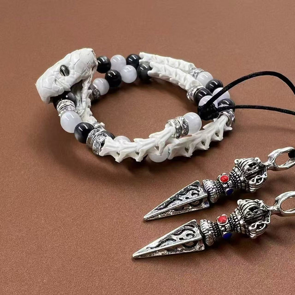 Real White Snake Bone Bracelet — Black & White Gemstones, Diamond Spacers & Tibetan Vajra Spear Charms | Dark Luxury