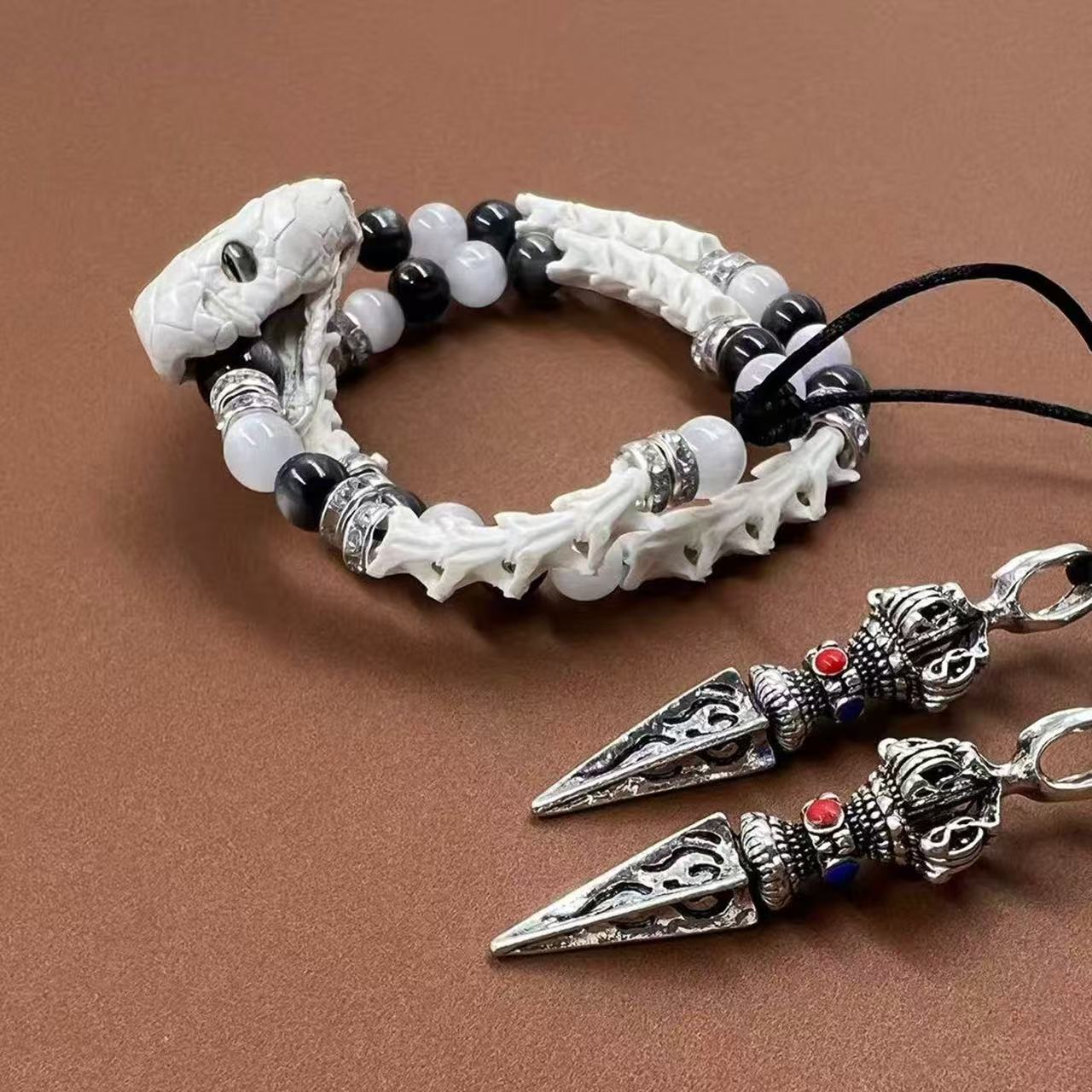 Real White Snake Bone Bracelet — Black & White Gemstones, Diamond Spacers & Tibetan Vajra Spear Charms | Dark Luxury