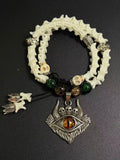 Real Snake Bone Bracelet – Dragon Eye Glass Pendant, Triple Skull Crown, Moss Agate & Gold Glass Beads | Dark Fantasy Gothic