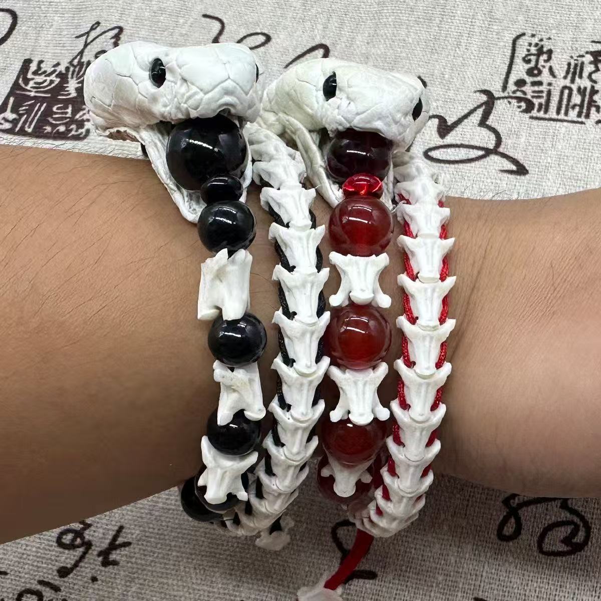 Real Snake Bone Woven Bracelet — Natural Gemstone Beads | Gothic Occult Jewelry