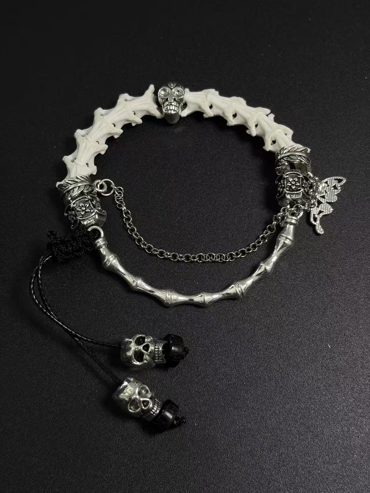 Real Snake Bone Bracelet – Crystal Skull, Silver Butterfly Charm & Bamboo Bone Dual Chain | Gothic Dark Luxury