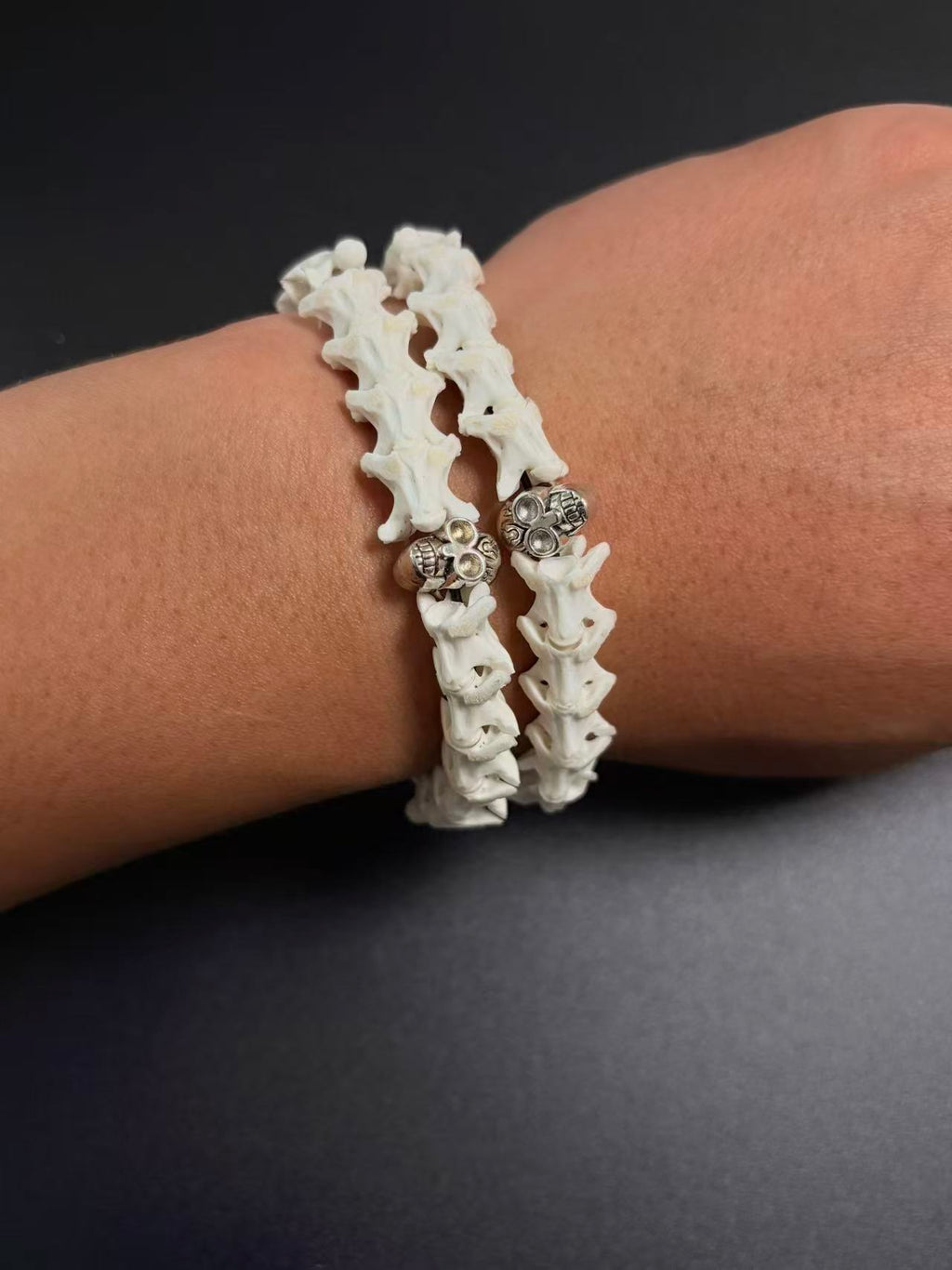 Real Snake Bone Bracelet – Full Skeleton Holding Sanskrit Prayer Cylinder, Blue Cat's Eye & Smoky Quartz | Dark Gothic Masterpiece