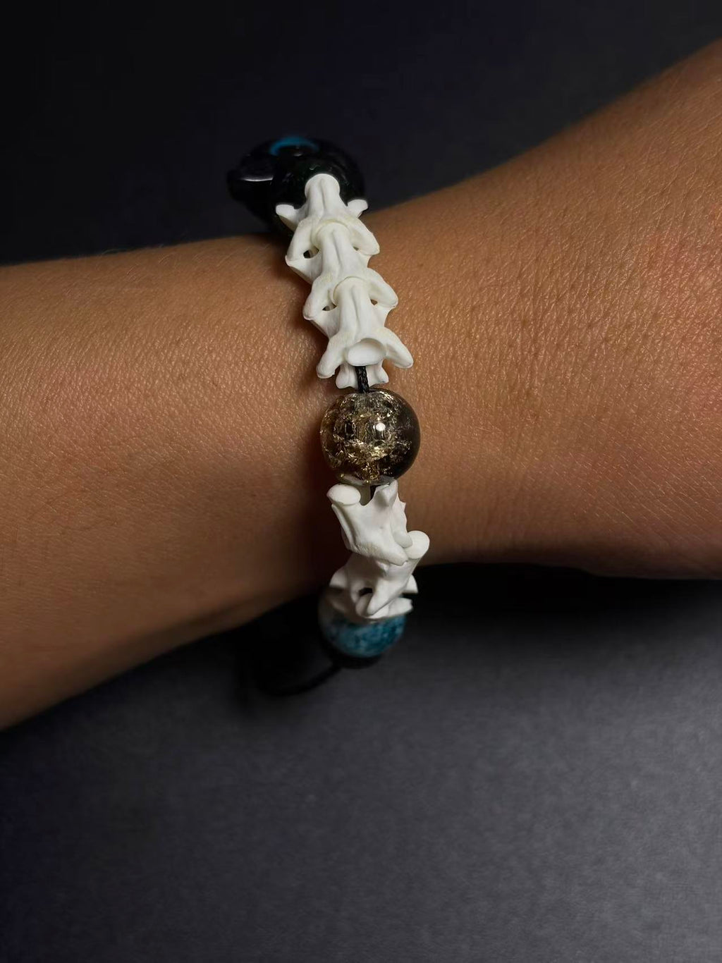 Real Snake Bone Bracelet – Black Owl Glass Charm, Turquoise Agate & Blue Cat's Eye | Dark Fantasy Style