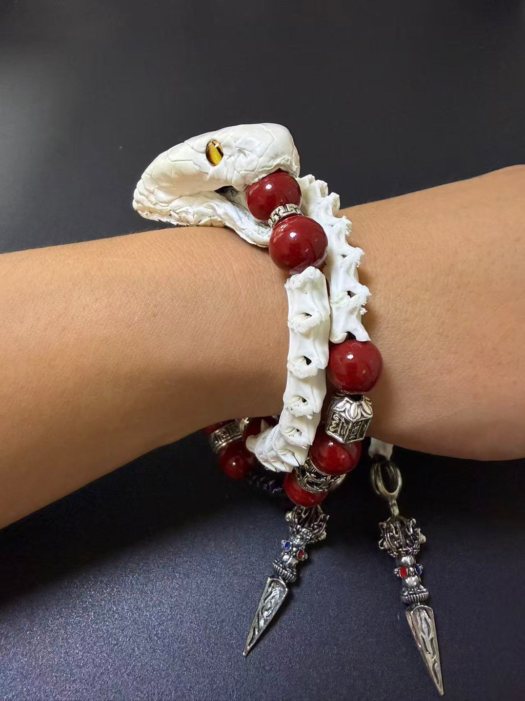 Real Snake Skull & Spine Bracelet – Red Agate, Tibetan Dorje Charms | Gothic Talisman Jewelry