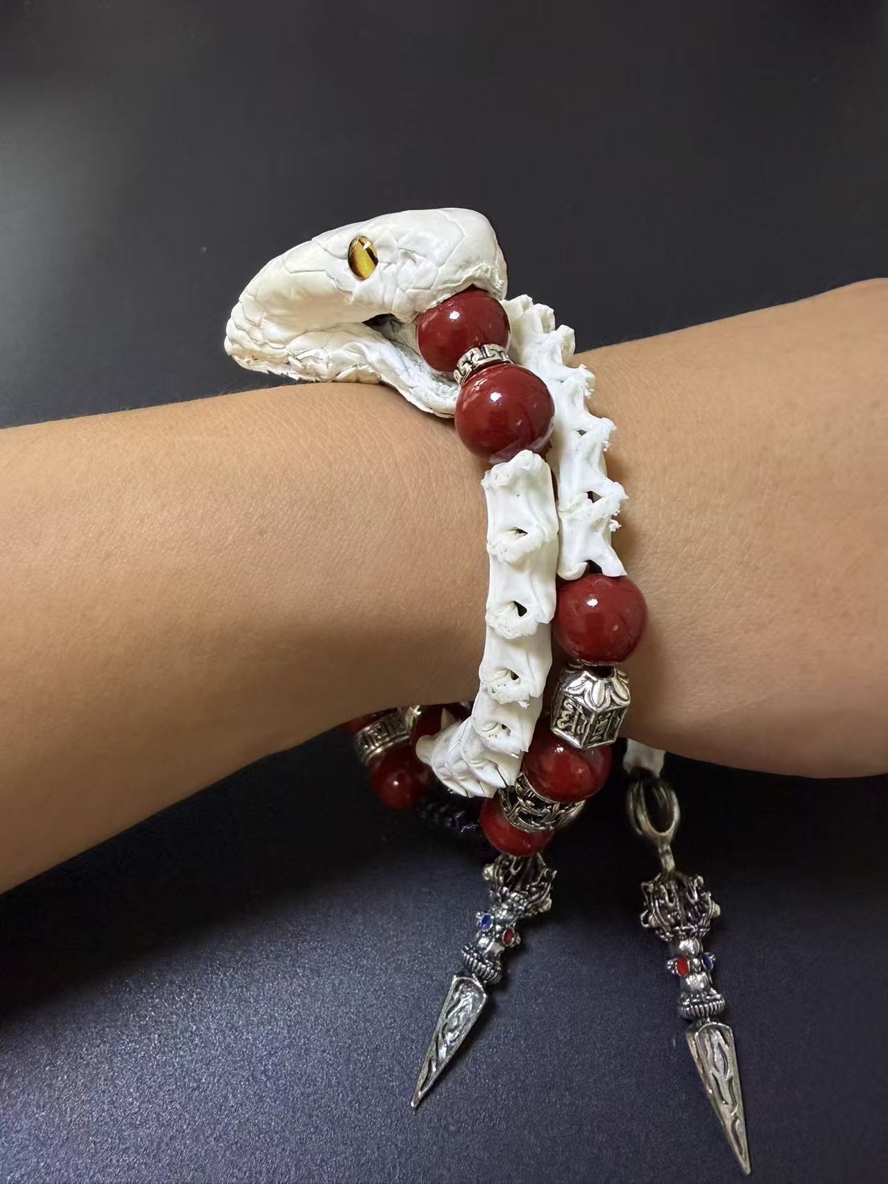 Real Snake Skull & Spine Bracelet – Red Agate, Tibetan Dorje Charms | Gothic Talisman Jewelry