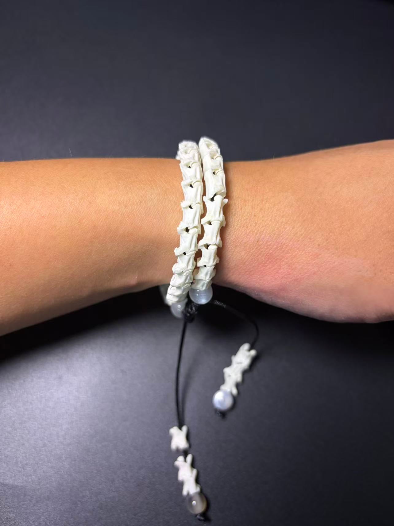 Real Snake Bone Wrap Bracelet – Pure Vertebrae Chain, Double Wrap Adjustable | Raw Dark Style