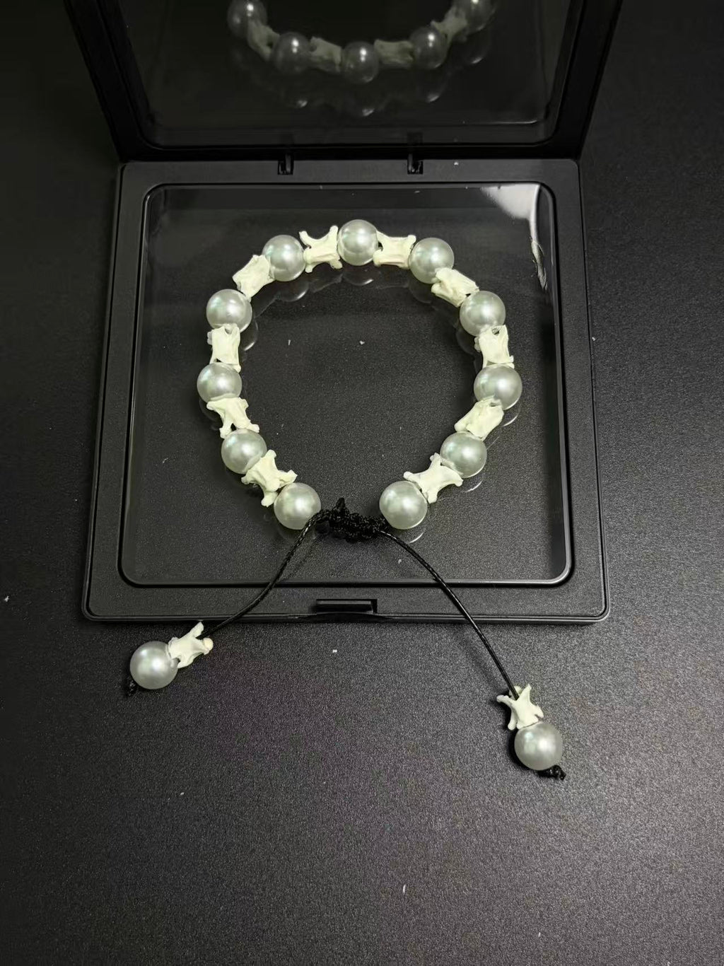 Real Snake Bone Bracelet – Silver Grey Pearl Beads & Vertebrae Spacers | Dark Elegant Gothic Style