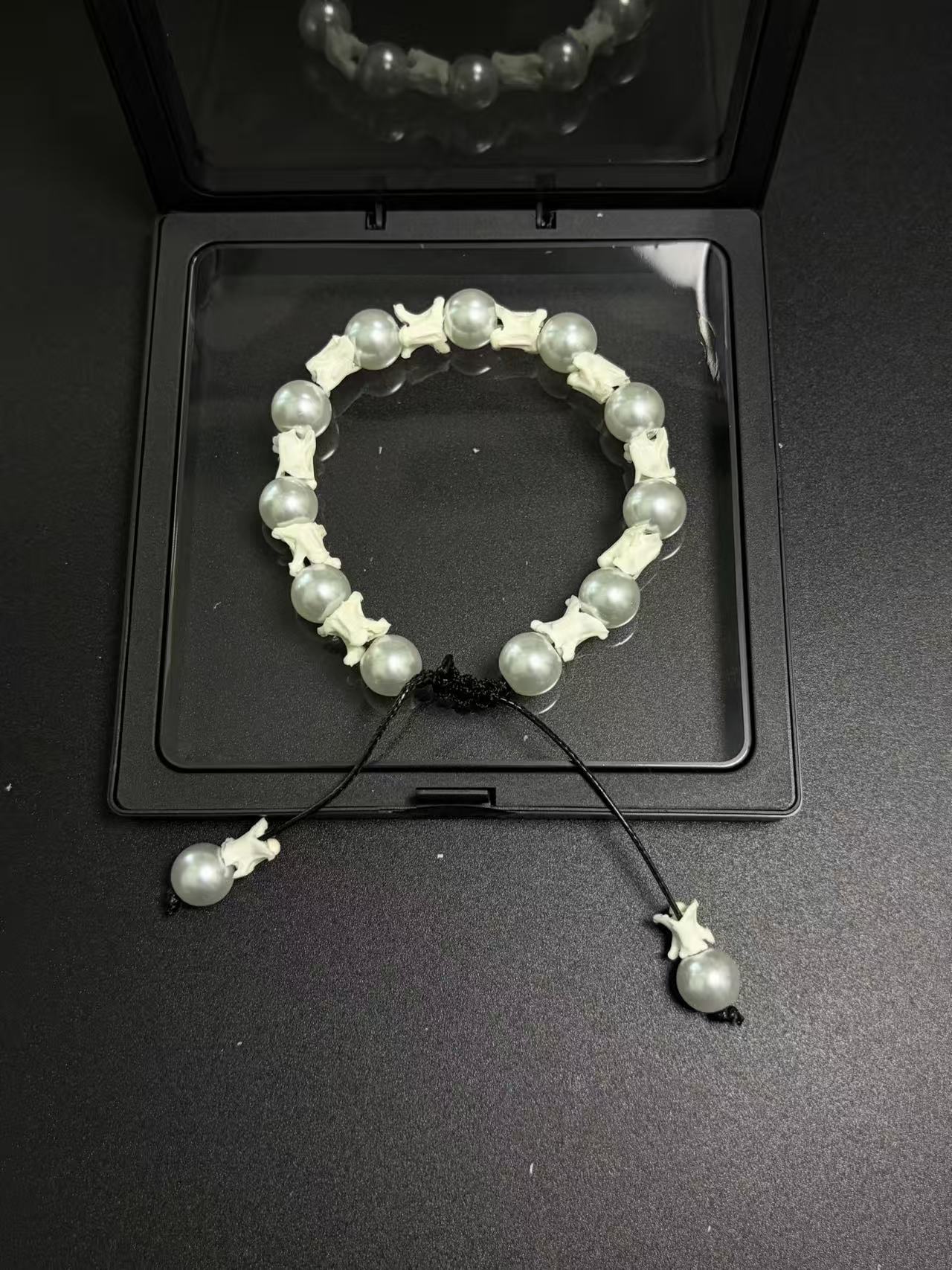 Real Snake Bone Bracelet – Silver Grey Pearl Beads & Vertebrae Spacers | Dark Elegant Gothic Style