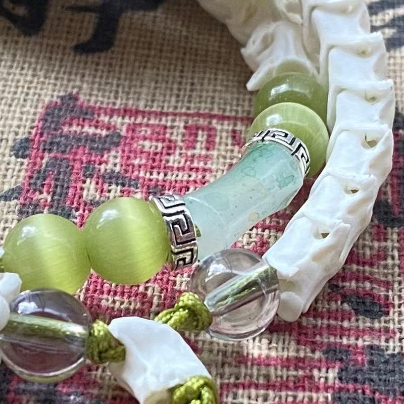 Real White Snake Bone Bracelet — Lifelike Snake Head, Natural Gemstones & Silk Tassel | Chinese Mythology Jewelry