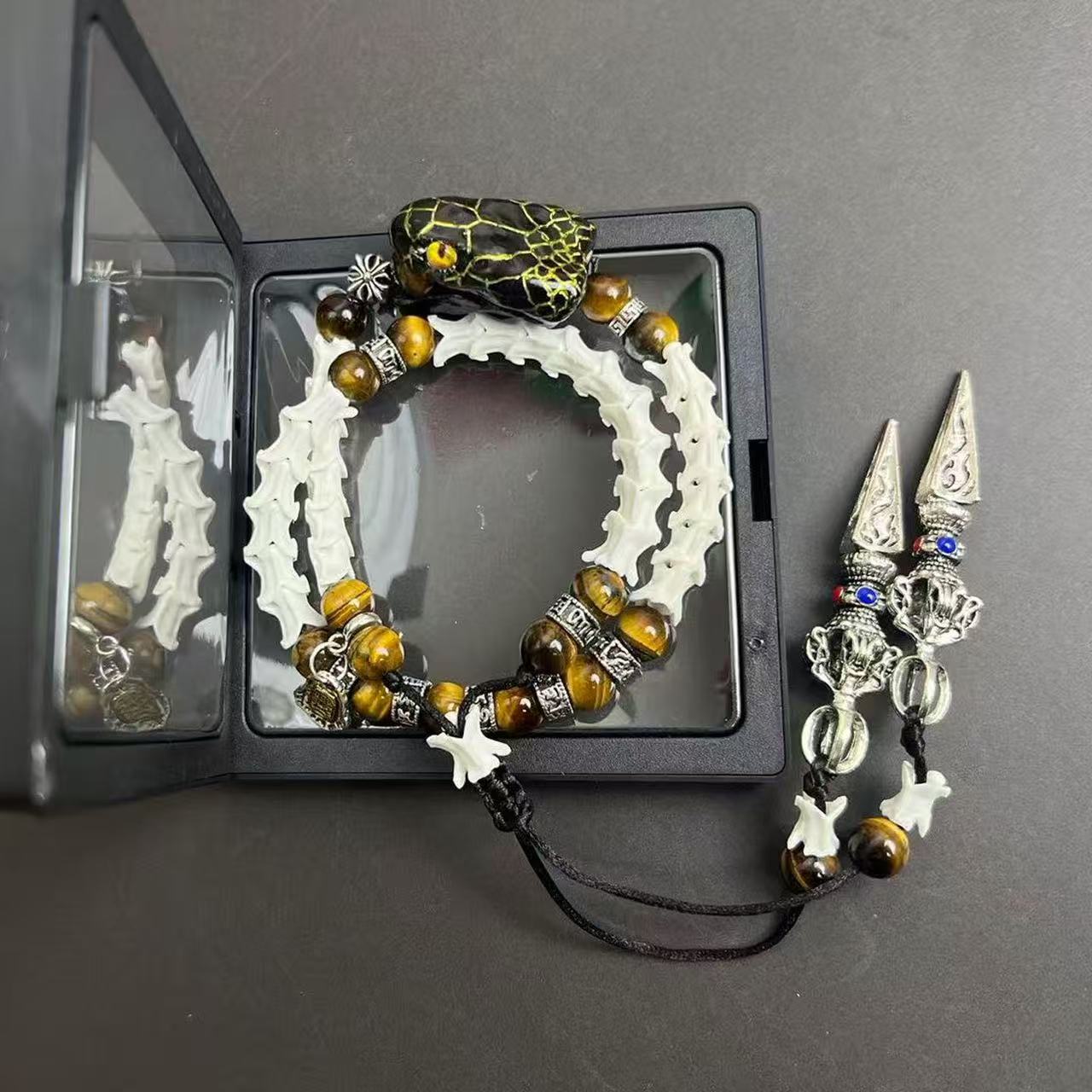 Real Snake Bone Double-Coil Bracelet — Black Serpent King, Tiger's Eye & Tibetan Kīla Charms | Dark Luxury